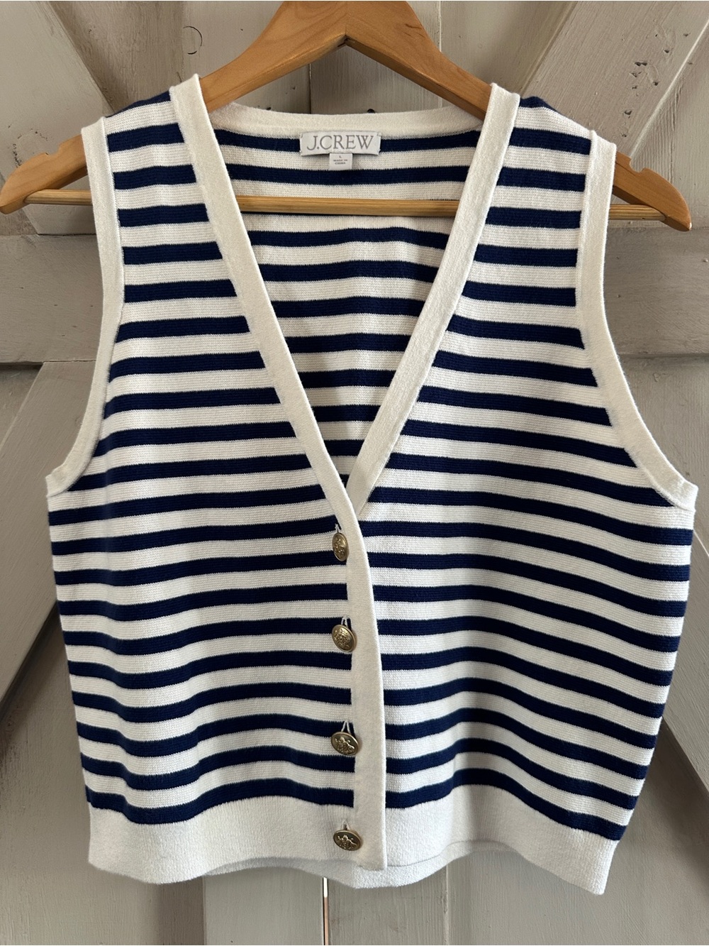 J.Crew Navy & Ivory Striped Cotton Cardigan Vest with Gold Crest Buttons – Size